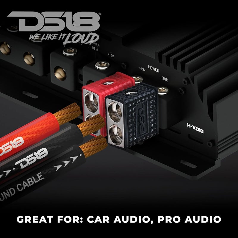 DS18 Amp Input Reducers with Offset Stub & Red/Black Silicone Cover, Marine Grade, Wire Reducer Power/Ground Input Reducer, Amplifier Wire Connector, Pair (Dual 1/0-GA to 1/4-GA) - Image 4